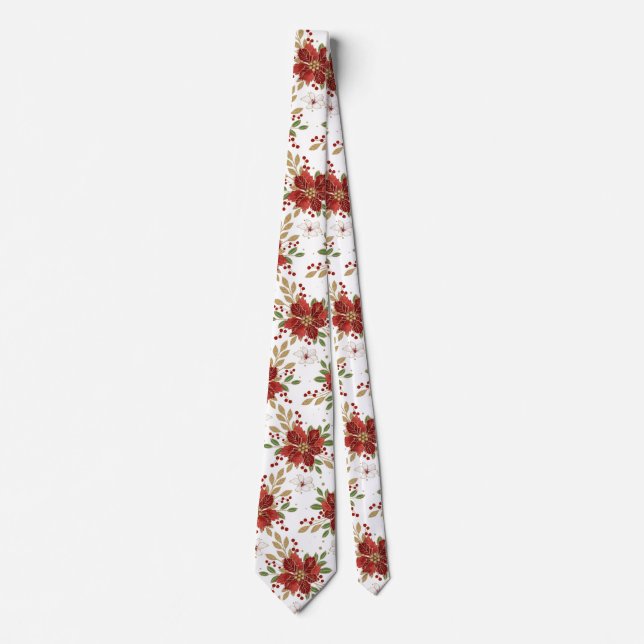 Elegant Winter Poinsettia Floral Pattern Neck Tie (Front)