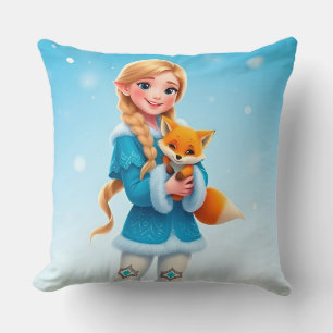 Elegant Winter Princess Holding a Cute Fox  Throw Pillow