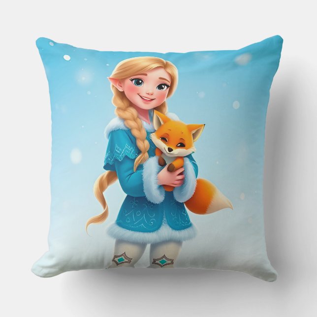 Elegant Winter Princess Holding a Cute Fox  Throw Pillow (Front)