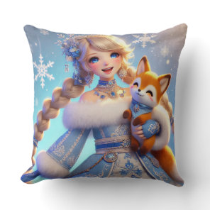 Elegant Winter Princess Holding a Cute Fox Throw Pillow
