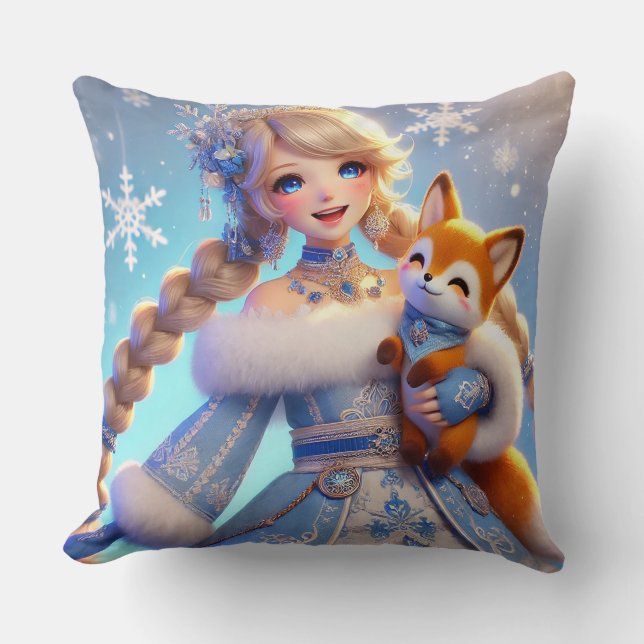Elegant Winter Princess Holding a Cute Fox Throw Pillow (Front)