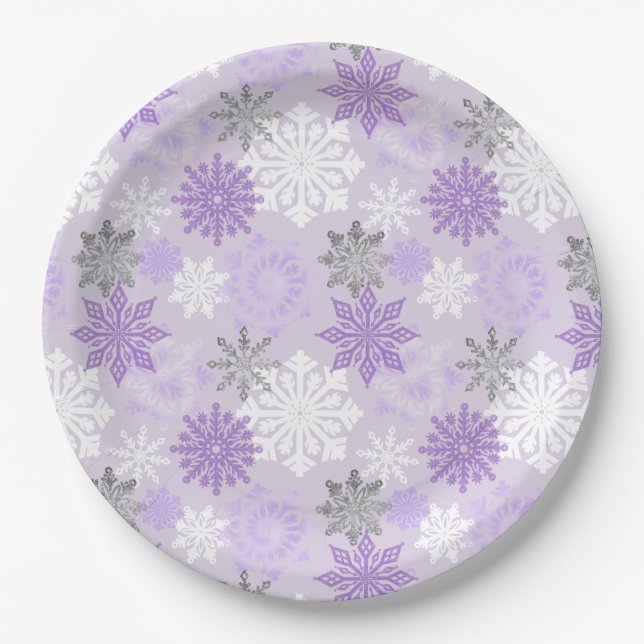 Elegant Winter Purple Silver Glitter Snowflakes Paper Plates (Front)