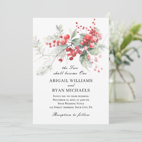 Elegant Winter Red Berries Christian Wedding Invitation