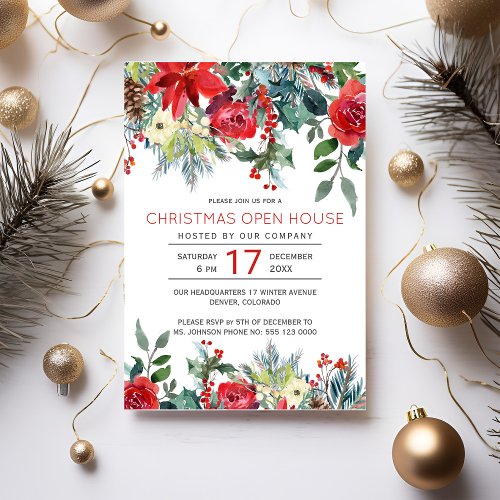 Elegant Winter red flowers Christmas open house Invitation