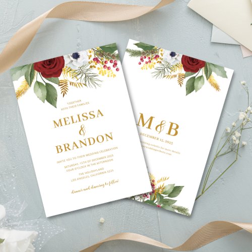 Elegant Winter Red Rose Gold Monogram Wedding Invitation