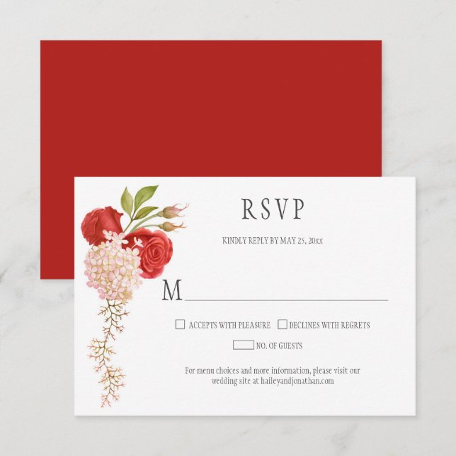 Elegant Winter Red Roses and Hydrangeas RSVP Card (Front/Back)