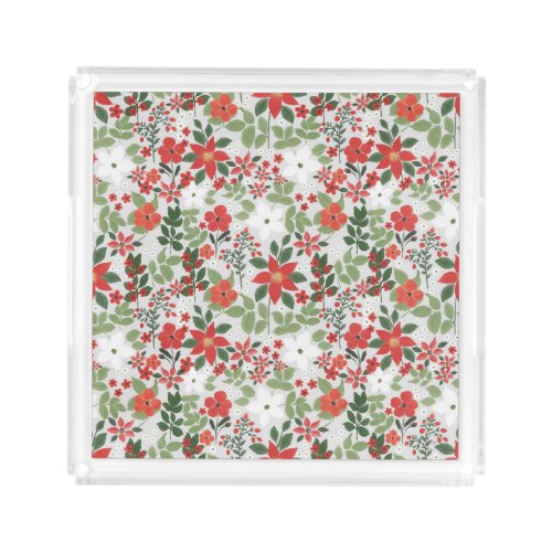 Elegant Winter Red White Floral Painting Acrylic Tray