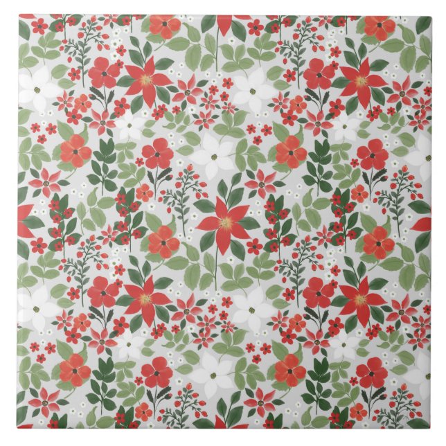 Elegant Winter Red White Floral Painting Ceramic Tile (Front)