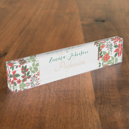 Elegant Winter Red White Floral Painting Desk Name Plate