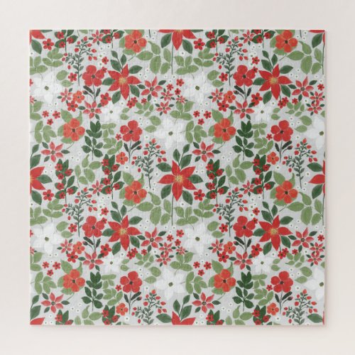 Elegant Winter Red White Floral Painting Jigsaw Puzzle