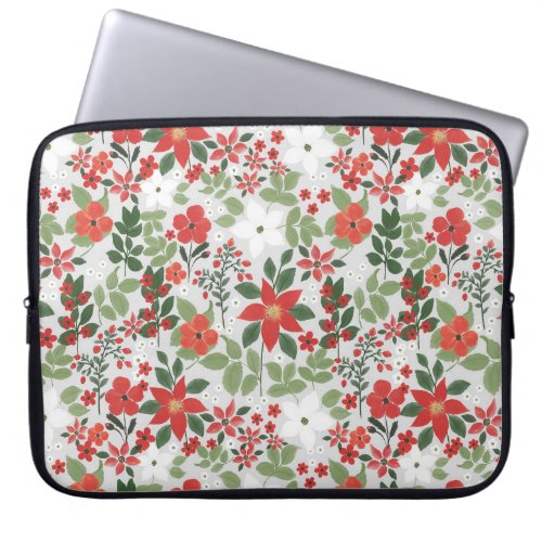 Elegant Winter Red White Floral Painting Laptop Sleeve