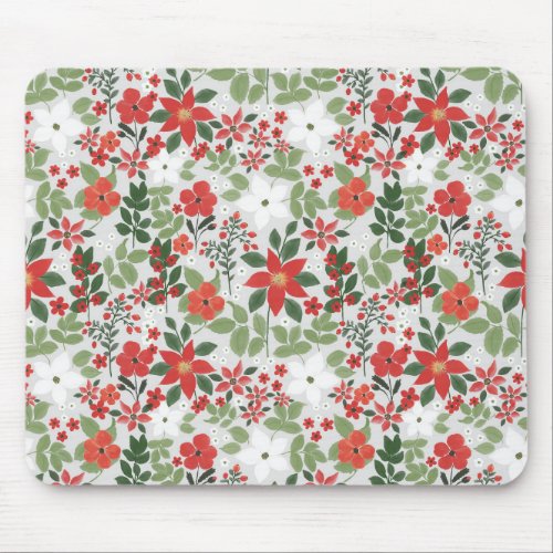 Elegant Winter Red White Floral Painting Mouse Pad