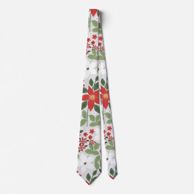 Elegant Winter Red White Floral Painting Neck Tie (Front)
