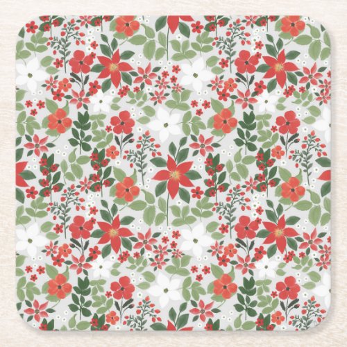 Elegant Winter Red White Floral Painting Square Paper Coaster