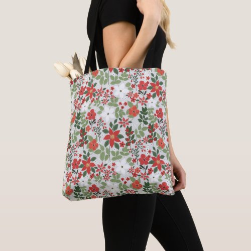 Elegant Winter Red White Floral Painting Tote Bag