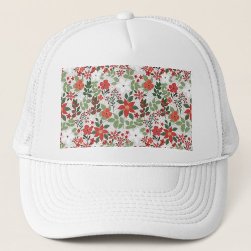 Elegant Winter Red White Floral Painting Trucker Hat