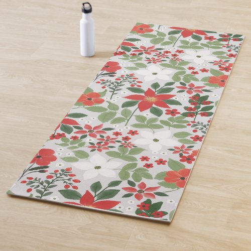 Elegant Winter Red White Floral Painting Yoga Mat