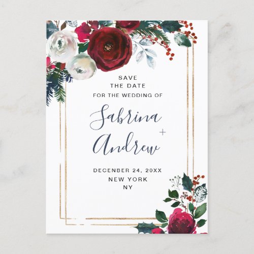 Elegant Winter Roses Foliage Wedding Save the Date Announcement Postcard