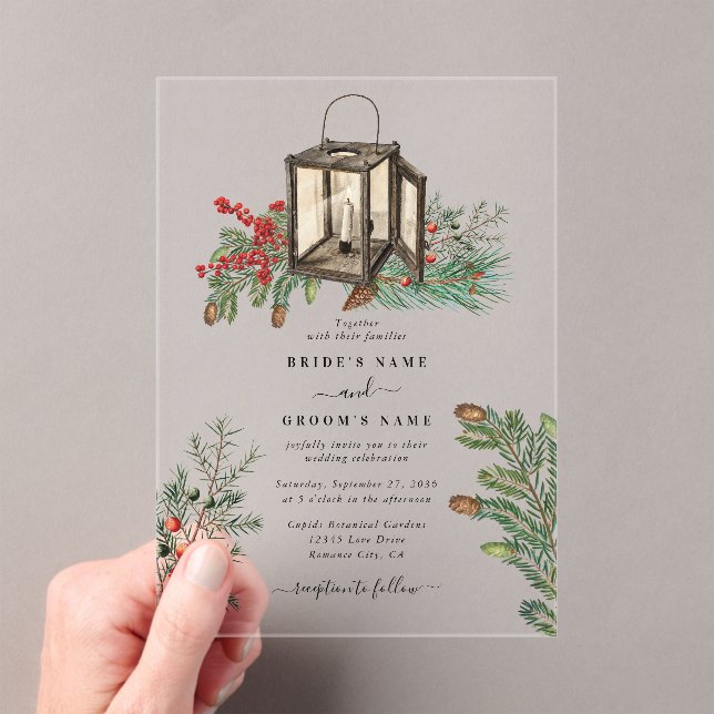 Elegant Winter Rustic Pine Trees Lantern Wedding Acrylic Invitations (Insitu (Handheld))