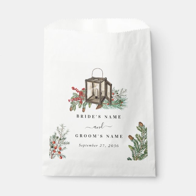 Elegant Winter Rustic Pine Trees Lantern Wedding Favor Bag (Front)