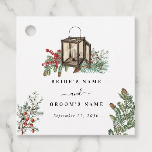 Elegant Winter Rustic Pine Trees Lantern Wedding Favor Tags