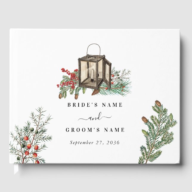 Elegant Winter Rustic Pine Trees Lantern Wedding Guest Book (Front)