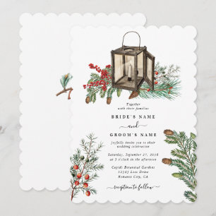Elegant Winter Rustic Pine Trees Lantern Wedding Invitation