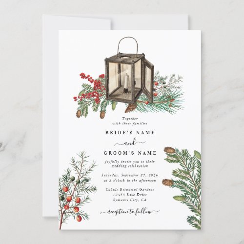 Elegant Winter Rustic Pine Trees Lantern Wedding Invitation