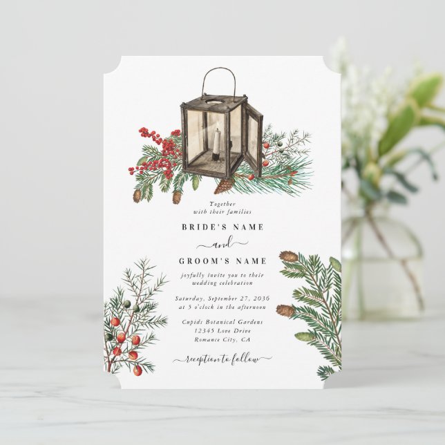 Elegant Winter Rustic Pine Trees Lantern Wedding Invitation (Standing Front)