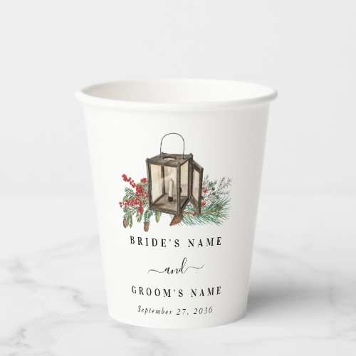 Elegant Winter Rustic Pine Trees Lantern Wedding Paper Cups