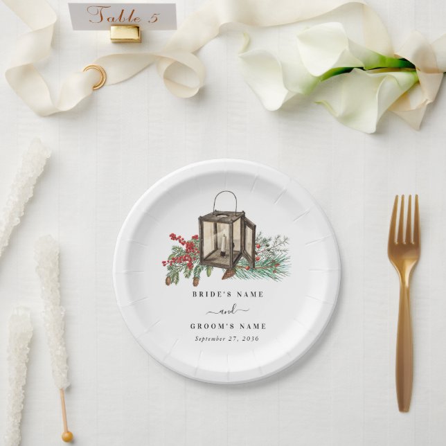 Elegant Winter Rustic Pine Trees Lantern Wedding Paper Plates (Wedding)