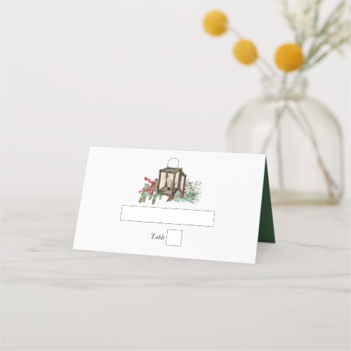 Elegant Winter Rustic Pine Trees Lantern Wedding Place Card