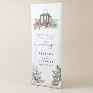 Elegant Winter Rustic Pine Trees Lantern Wedding Retractable Banner