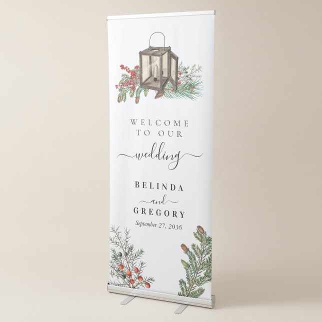Elegant Winter Rustic Pine Trees Lantern Wedding Retractable Banner (3/4)