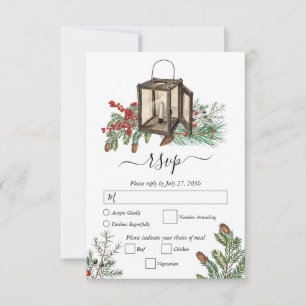 Elegant Winter Rustic Pine Trees Lantern Wedding RSVP Card