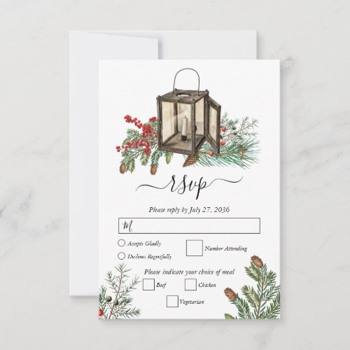 Elegant Winter Rustic Pine Trees Lantern Wedding RSVP Card