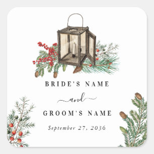Elegant Winter Rustic Pine Trees Lantern Wedding Square Sticker