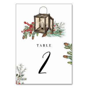 Elegant Winter Rustic Pine Trees Lantern Wedding Table Number