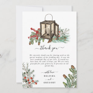 Elegant Winter Rustic Pine Trees Lantern Wedding Thank You Card