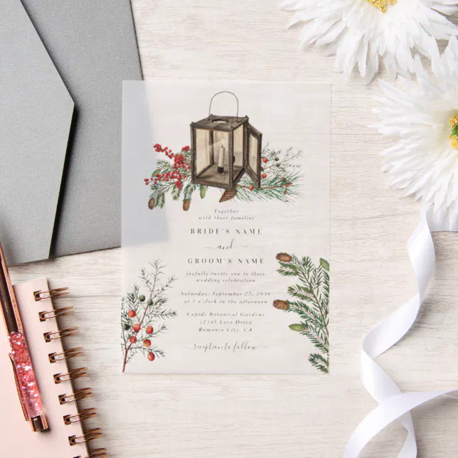 Elegant Winter Rustic Pine Trees Lantern Wedding Vellum Invitations ...