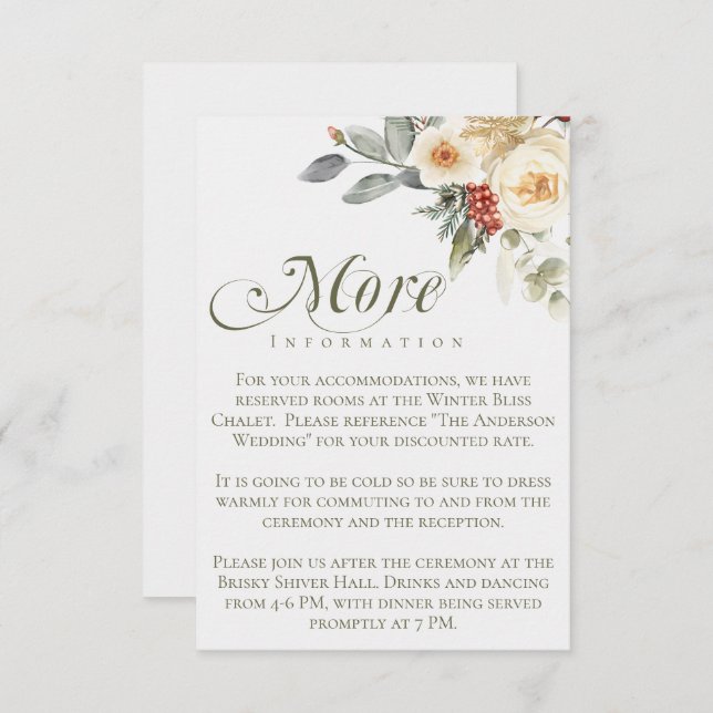 Elegant Winter Script Calligraphy Floral Wedding Enclosure Card (Front/Back)