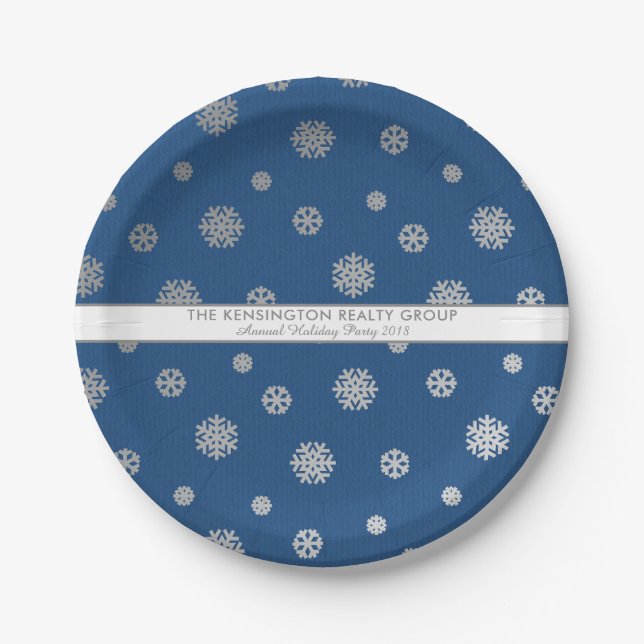 Elegant Winter Silver Blue Snowflakes Holiday Paper Plates (Front)