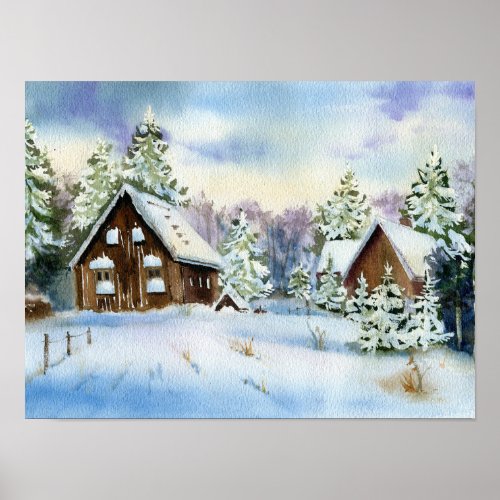 Elegant Winter Snow Effect House Forest Landscape  Poster