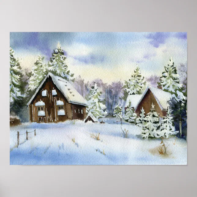 Elegant Winter Snow Effect House Forest Landscape Poster | Zazzle