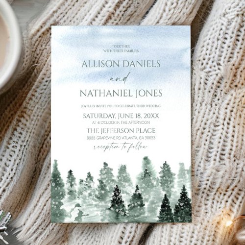 Elegant Winter Snow Green Pine Trees Wedding Invitation