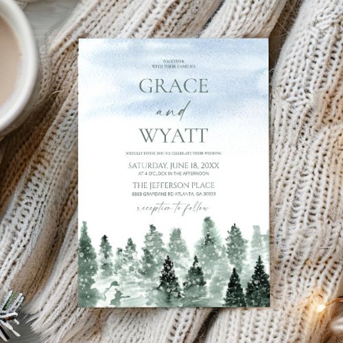 Elegant Winter Snow Green Pine Trees Wedding Invitation