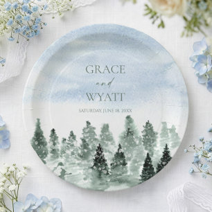 Elegant Winter Snow Green Pine Trees Wedding Paper Plates