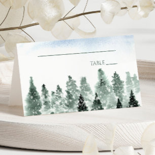 Elegant Winter Snow Green Pine Trees Wedding Place Card