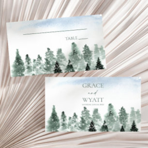 Elegant Winter Snow Green Pine Trees Wedding Place Card