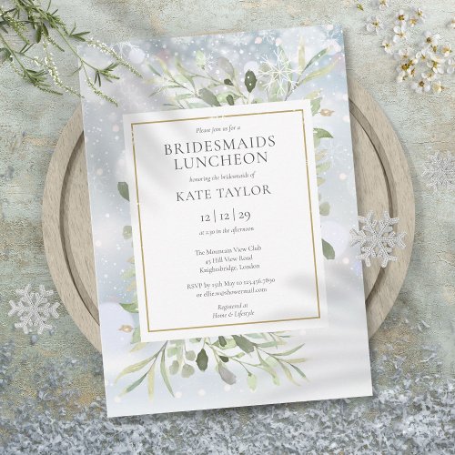 Elegant Winter Snow Greenery Bridesmaids Luncheon Invitation